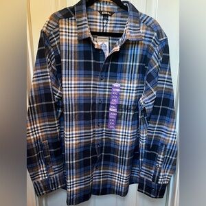 Eddie Bauer Men's Navy and Brown Plaid Flannel Shirt